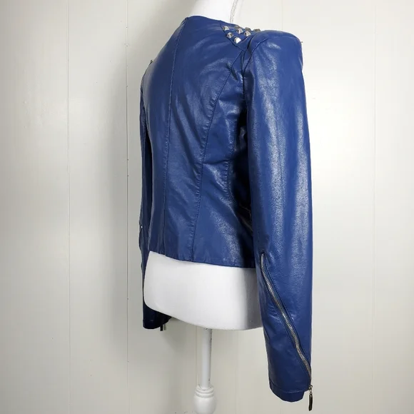 Moto biker blue studded faux leather coat size small - Picture 3 of 11